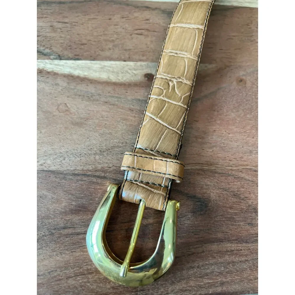 Vintage 90's brown croc-embossed leather belt S gold-toned brass buckle Italian